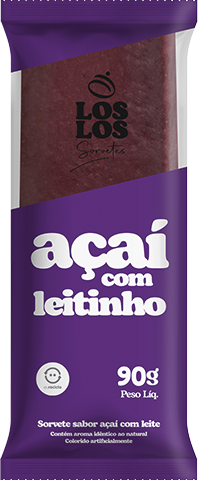 Sorvete sabor açaí com leitinho em uma embalagem roxa e branca