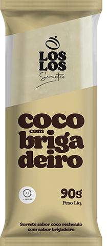 Sorvete sabor coco com bridadeiro em uma embalagem bege e marrom