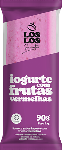 Sorvete sabor iogurte com frutas vermelhas em uma embalagem roxa e branca