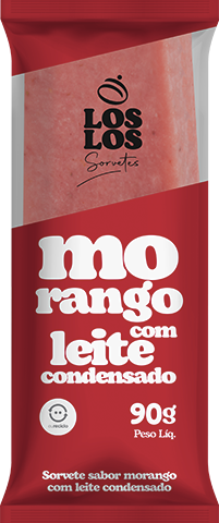 Sorvete sabor morango com leite condensado em uma embalagem vermelha e branca