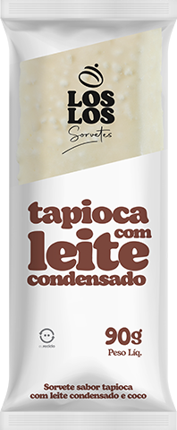 Sorvete sabor tapioca com leite condensado em uma embalagem branca