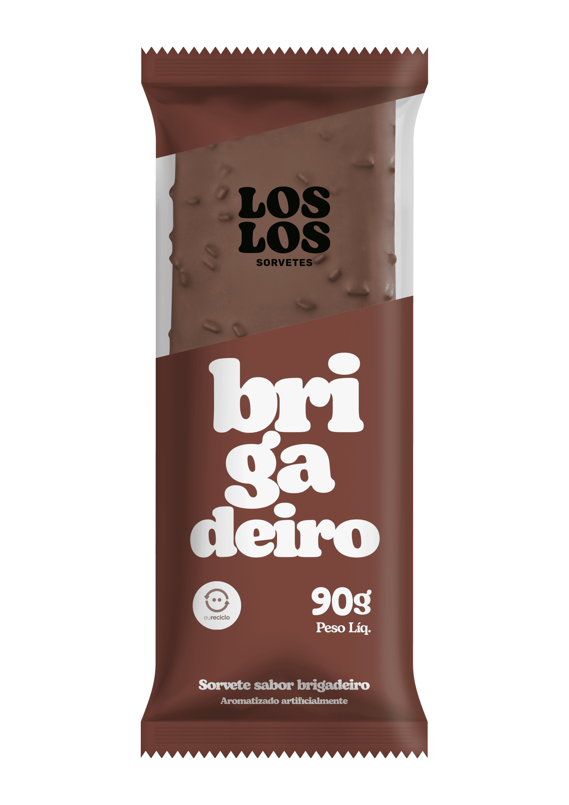 Los Los brigadeiro ice cream bar in brown packaging. 90g. Sorvete sabor brigadeiro.