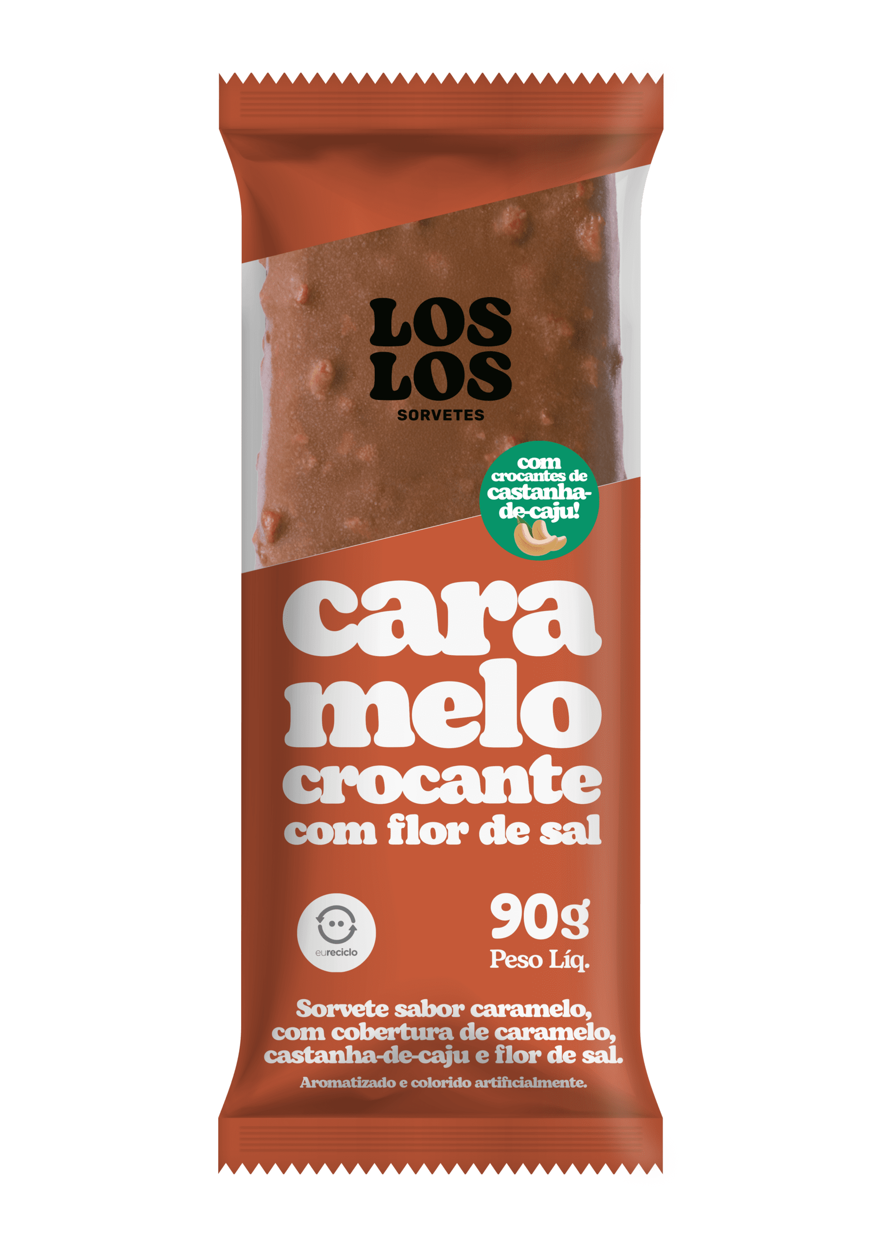Los Los salted caramel ice cream bar with cashew pieces. Text: "caramelo crocante com flor de sal