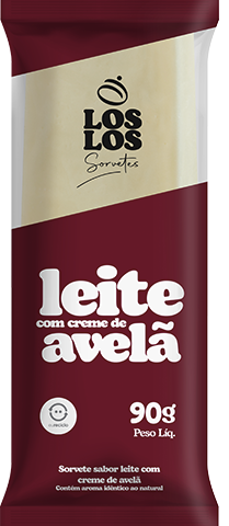 Sorvete sabor leite com creme de avelã em uma embalagem marrom e branca