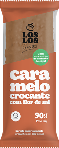 Sorvete sabor caramelo crocante com flor de sal em uma embalagem marrom e branca