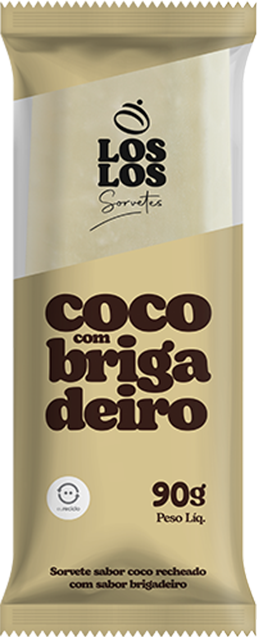 Sorvete sabor coco com bridadeiro em uma embalagem bege e marrom