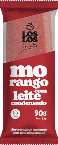 Sorvete sabor morango com leite condensado em uma embalagem vermelha e branca